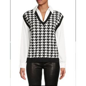 Adrianna Papell Top V-neck  Sweater Vest Shirt Women's Houndstooth Twofer top